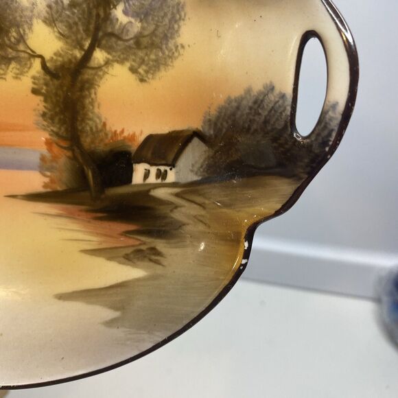 Vintage Hand Painted Noritake Bowl, Scenic Sunset, With Pierced Handle 6.25" - Picture 3 of 7